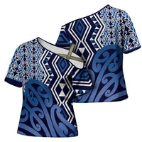 New Zealand Cross Shoulder Shirt Aotearoa Kowhaiwhai Mix Taniko Art - Blue LT14 - Polynesian Pride