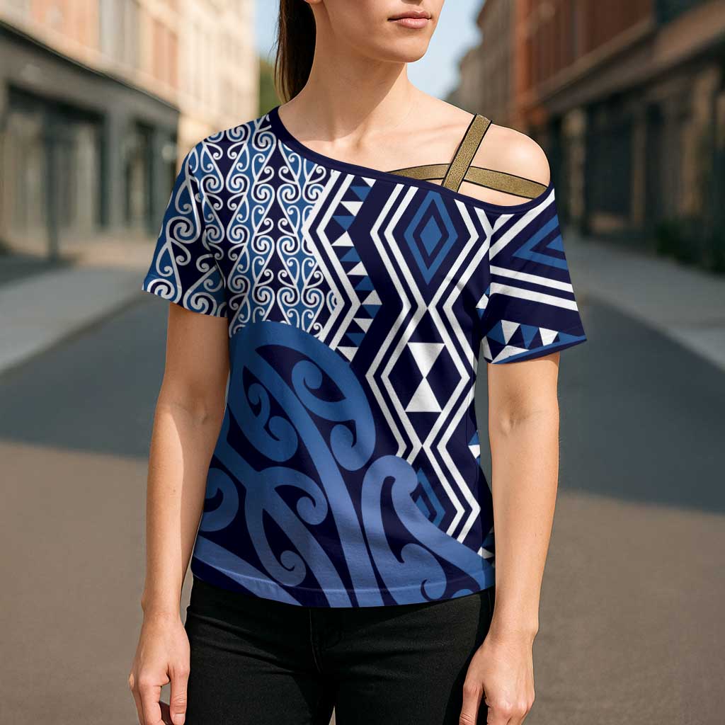 New Zealand Cross Shoulder Shirt Aotearoa Kowhaiwhai Mix Taniko Art - Blue LT14 - Polynesian Pride