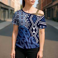 New Zealand Cross Shoulder Shirt Aotearoa Kowhaiwhai Mix Taniko Art - Blue LT14 - Polynesian Pride