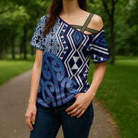 New Zealand Cross Shoulder Shirt Aotearoa Kowhaiwhai Mix Taniko Art - Blue LT14 - Polynesian Pride