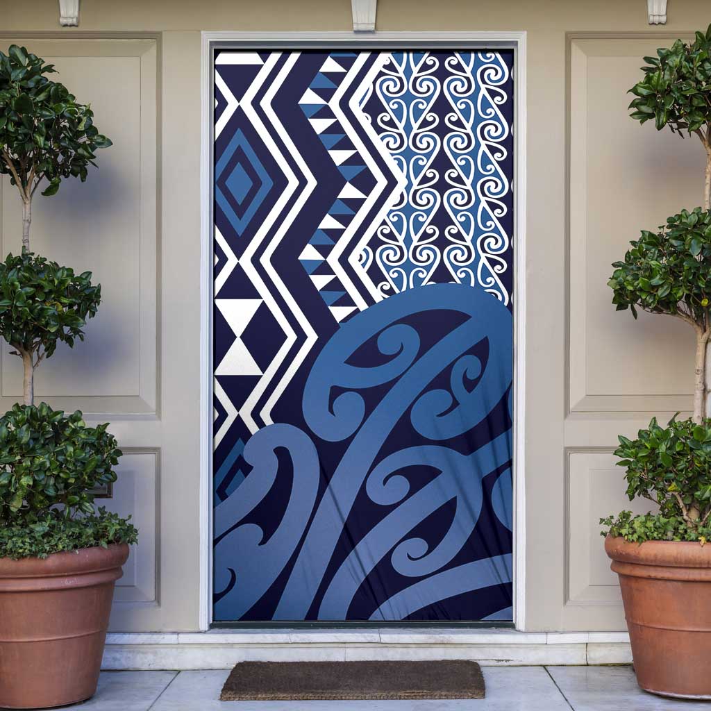 New Zealand Door Cover Aotearoa Kowhaiwhai Mix Taniko Art - Blue LT14 Blue - Polynesian Pride