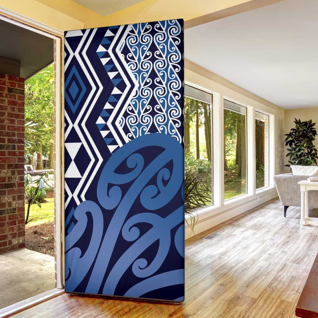 New Zealand Door Cover Aotearoa Kowhaiwhai Mix Taniko Art - Blue LT14 - Polynesian Pride