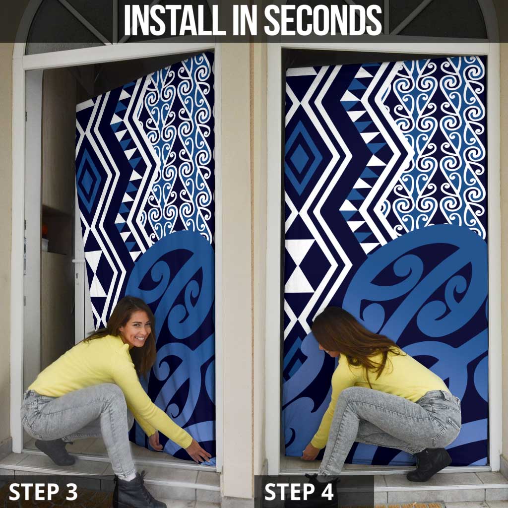 New Zealand Door Cover Aotearoa Kowhaiwhai Mix Taniko Art - Blue LT14 - Polynesian Pride