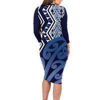 New Zealand Family Matching Long Sleeve Bodycon Dress and Hawaiian Shirt Aotearoa Kowhaiwhai Mix Taniko Art - Blue LT14 - Polynesian Pride