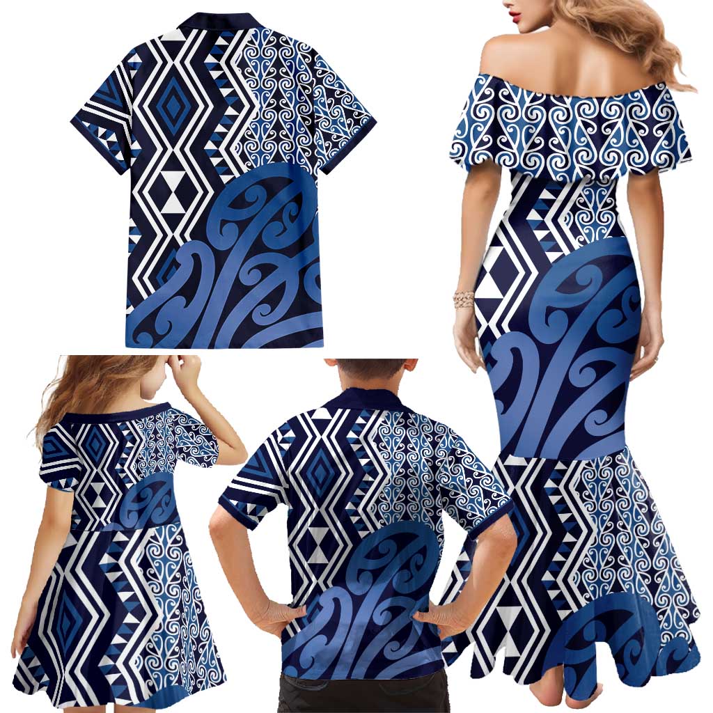 New Zealand Family Matching Mermaid Dress and Hawaiian Shirt Aotearoa Kowhaiwhai Mix Taniko Art - Blue LT14 - Polynesian Pride
