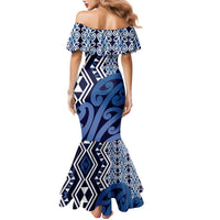 New Zealand Family Matching Mermaid Dress and Hawaiian Shirt Aotearoa Kowhaiwhai Mix Taniko Art - Blue LT14 - Polynesian Pride