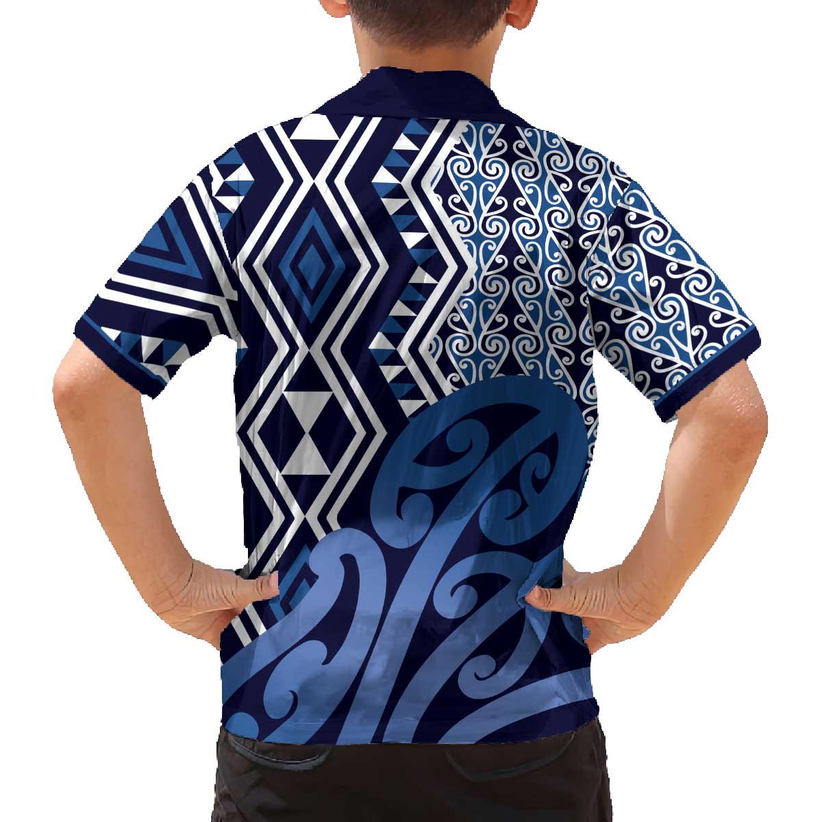 New Zealand Family Matching Off The Shoulder Long Sleeve Dress and Hawaiian Shirt Aotearoa Kowhaiwhai Mix Taniko Art - Blue LT14 - Polynesian Pride