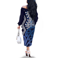 New Zealand Family Matching Off The Shoulder Long Sleeve Dress and Hawaiian Shirt Aotearoa Kowhaiwhai Mix Taniko Art - Blue LT14 - Polynesian Pride