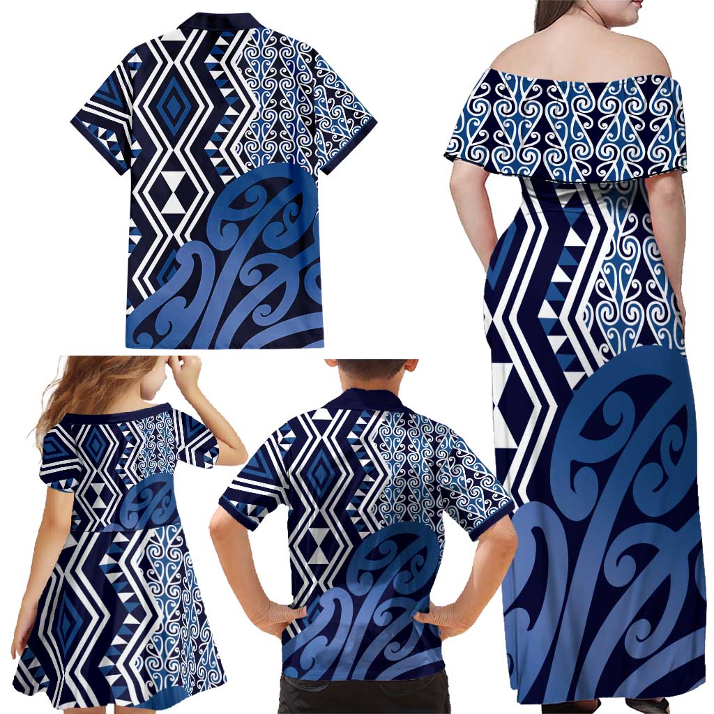 New Zealand Family Matching Off Shoulder Maxi Dress and Hawaiian Shirt Aotearoa Kowhaiwhai Mix Taniko Art - Blue LT14 - Polynesian Pride