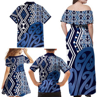 New Zealand Family Matching Off Shoulder Maxi Dress and Hawaiian Shirt Aotearoa Kowhaiwhai Mix Taniko Art - Blue LT14 - Polynesian Pride