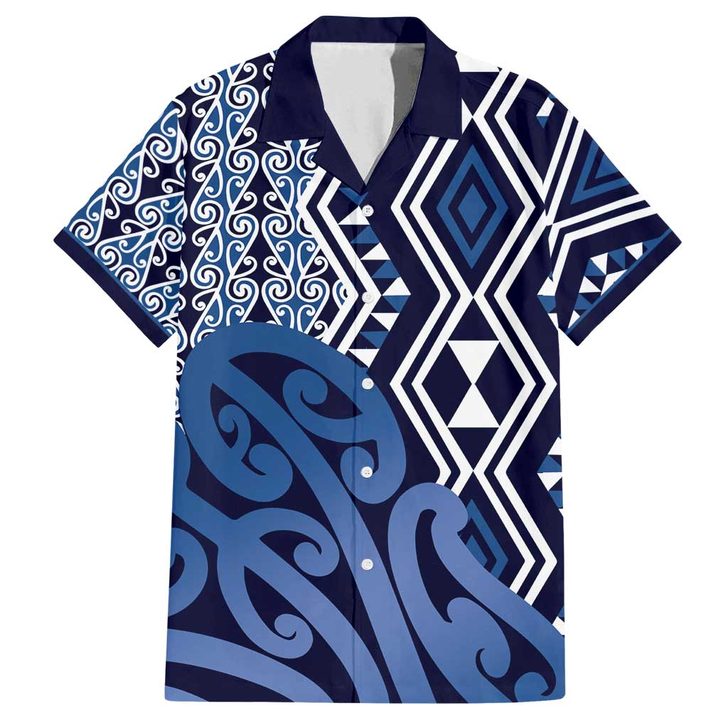 New Zealand Family Matching Off Shoulder Maxi Dress and Hawaiian Shirt Aotearoa Kowhaiwhai Mix Taniko Art - Blue LT14 Dad's Shirt - Short Sleeve Blue - Polynesian Pride