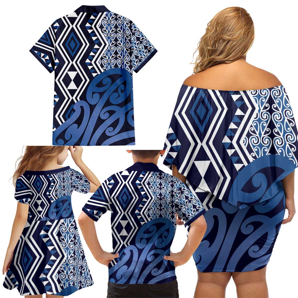 New Zealand Family Matching Off Shoulder Short Dress and Hawaiian Shirt Aotearoa Kowhaiwhai Mix Taniko Art - Blue LT14 - Polynesian Pride