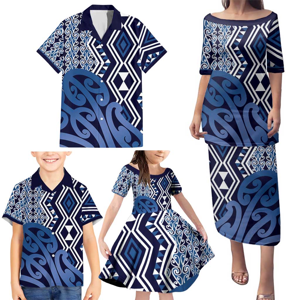 New Zealand Family Matching Puletasi and Hawaiian Shirt Aotearoa Kowhaiwhai Mix Taniko Art - Blue LT14 - Polynesian Pride