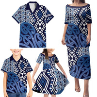 New Zealand Family Matching Puletasi and Hawaiian Shirt Aotearoa Kowhaiwhai Mix Taniko Art - Blue LT14 - Polynesian Pride