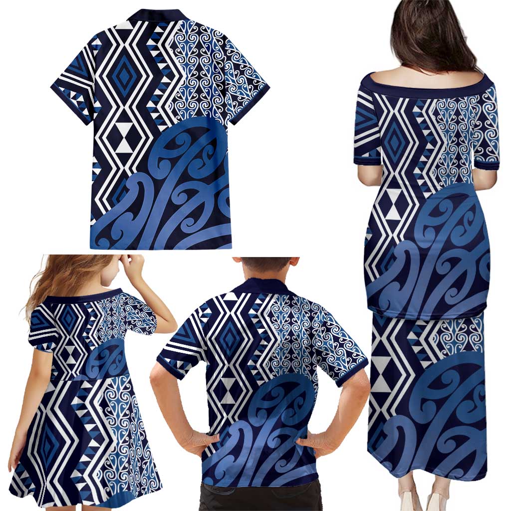 New Zealand Family Matching Puletasi and Hawaiian Shirt Aotearoa Kowhaiwhai Mix Taniko Art - Blue LT14 - Polynesian Pride
