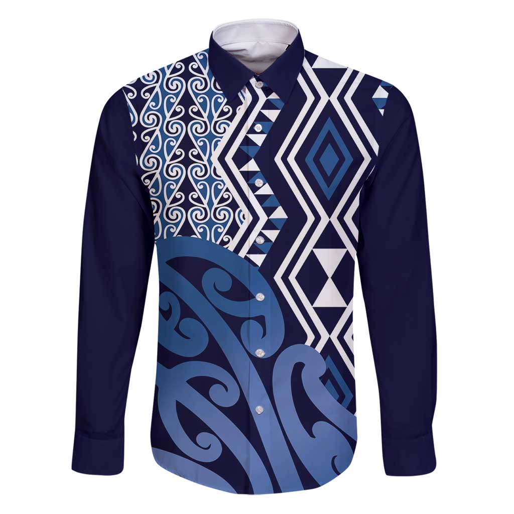 New Zealand Family Matching Puletasi and Hawaiian Shirt Aotearoa Kowhaiwhai Mix Taniko Art - Blue LT14 Dad's Shirt - Long Sleeve Blue - Polynesian Pride