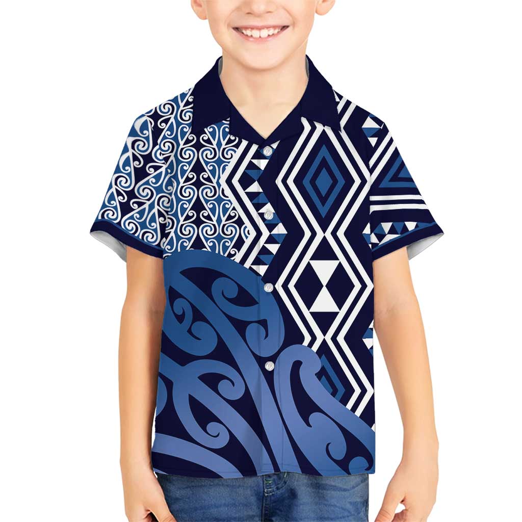 New Zealand Family Matching Puletasi and Hawaiian Shirt Aotearoa Kowhaiwhai Mix Taniko Art - Blue LT14 Son's Shirt Blue - Polynesian Pride