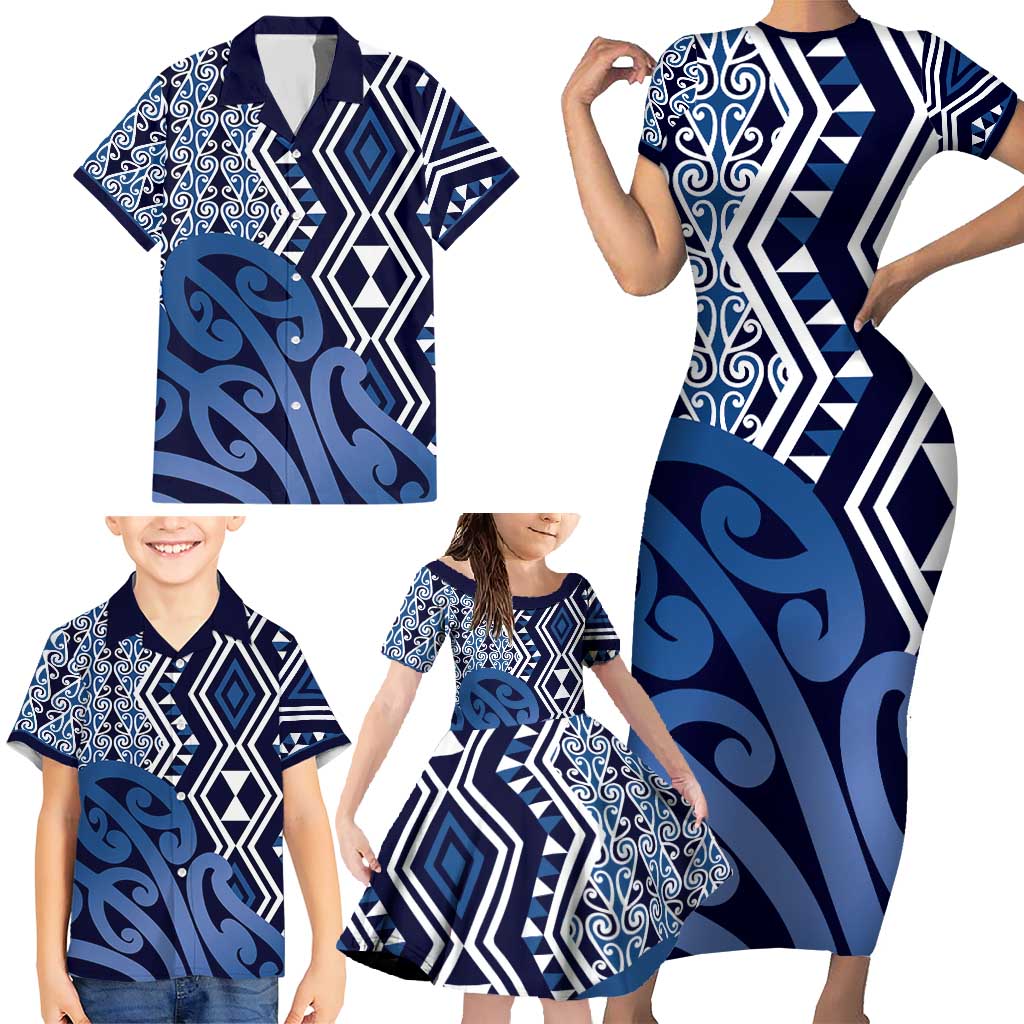 New Zealand Family Matching Short Sleeve Bodycon Dress and Hawaiian Shirt Aotearoa Kowhaiwhai Mix Taniko Art - Blue LT14 - Polynesian Pride