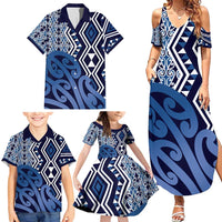 New Zealand Family Matching Summer Maxi Dress and Hawaiian Shirt Aotearoa Kowhaiwhai Mix Taniko Art - Blue LT14 - Polynesian Pride