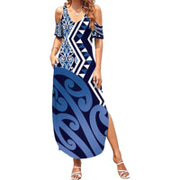 New Zealand Family Matching Summer Maxi Dress and Hawaiian Shirt Aotearoa Kowhaiwhai Mix Taniko Art - Blue LT14 Mom's Dress Blue - Polynesian Pride