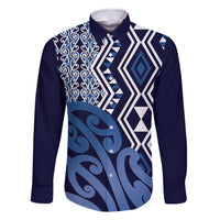 New Zealand Family Matching Tank Maxi Dress and Hawaiian Shirt Aotearoa Kowhaiwhai Mix Taniko Art - Blue LT14 Dad's Shirt - Long Sleeve Blue - Polynesian Pride