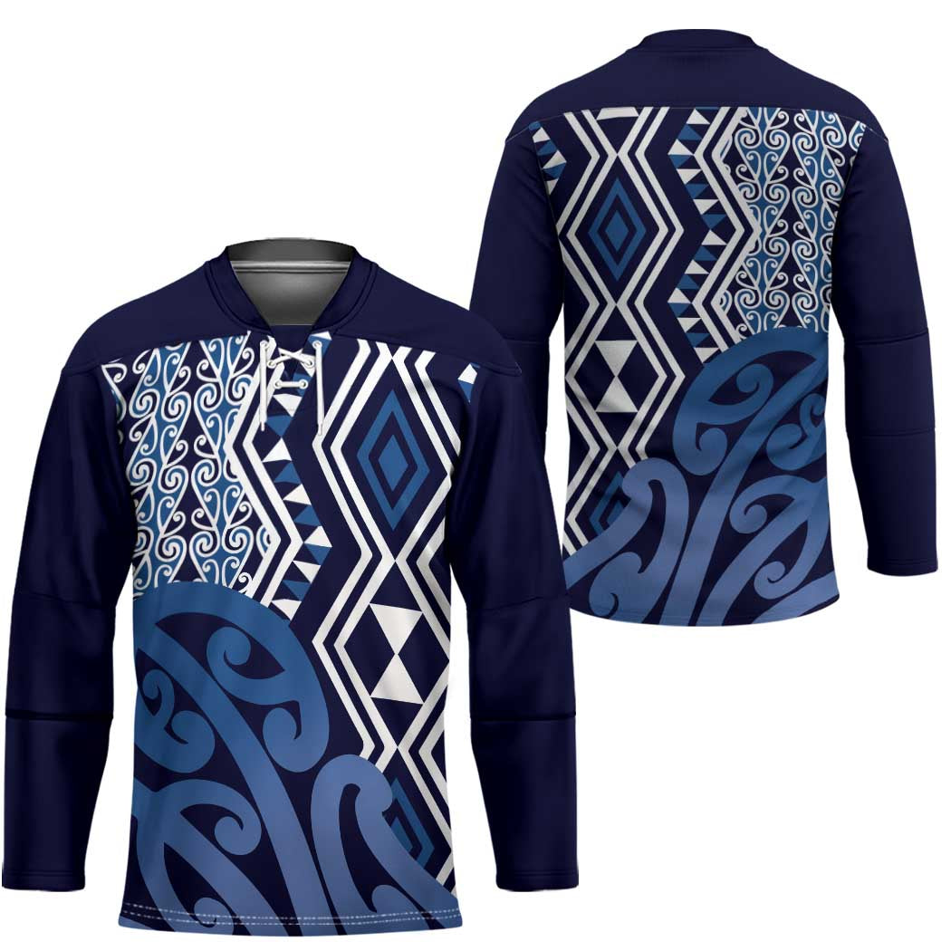 New Zealand Hockey Jersey Aotearoa Kowhaiwhai Mix Taniko Art - Blue LT14 - Polynesian Pride