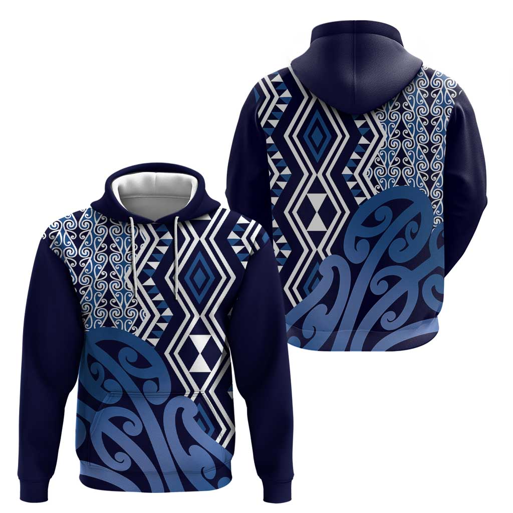 New Zealand Hoodie Aotearoa Kowhaiwhai Mix Taniko Art - Blue LT14 - Polynesian Pride