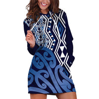 New Zealand Hoodie Dress Aotearoa Kowhaiwhai Mix Taniko Art - Blue LT14 Blue - Polynesian Pride