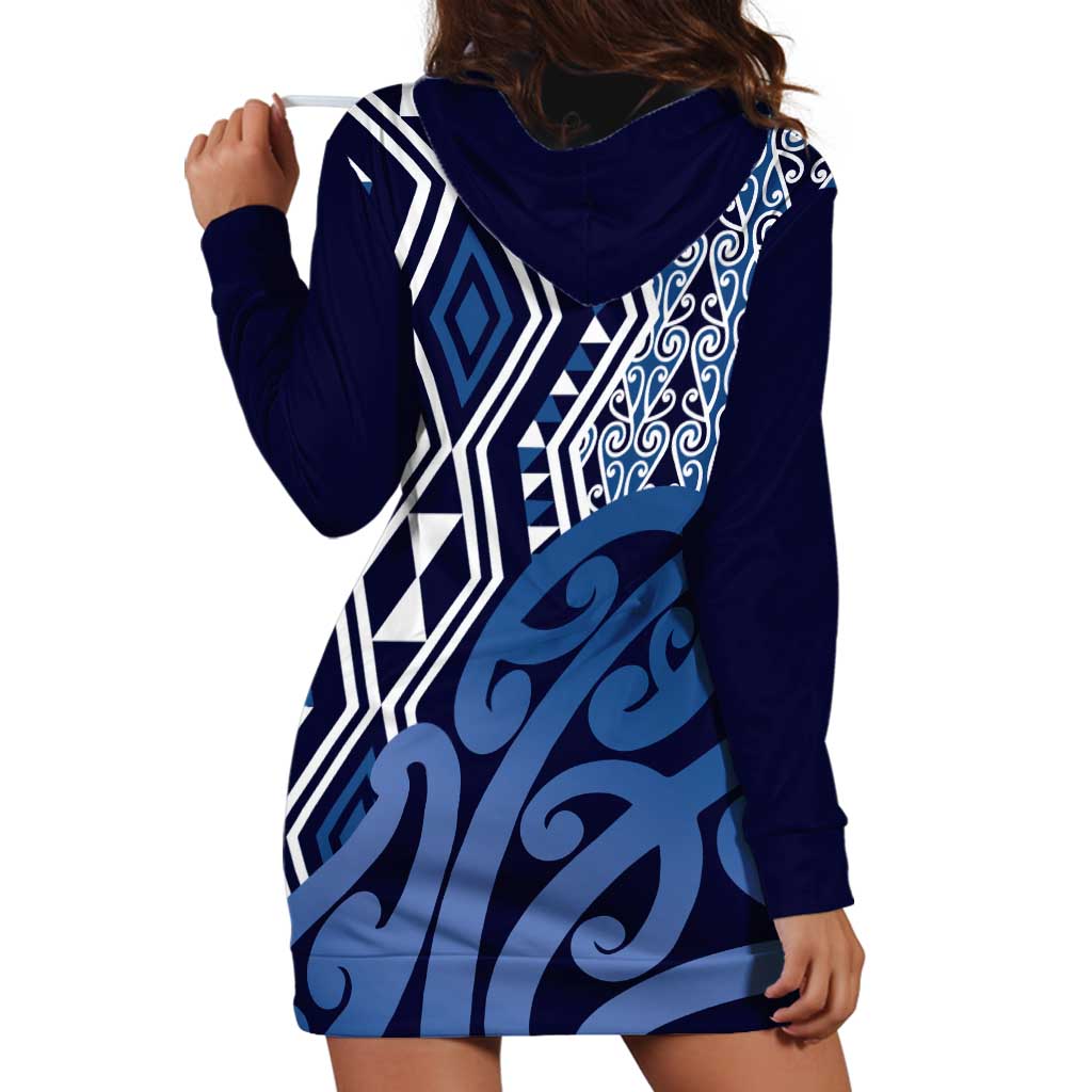 New Zealand Hoodie Dress Aotearoa Kowhaiwhai Mix Taniko Art - Blue LT14 - Polynesian Pride