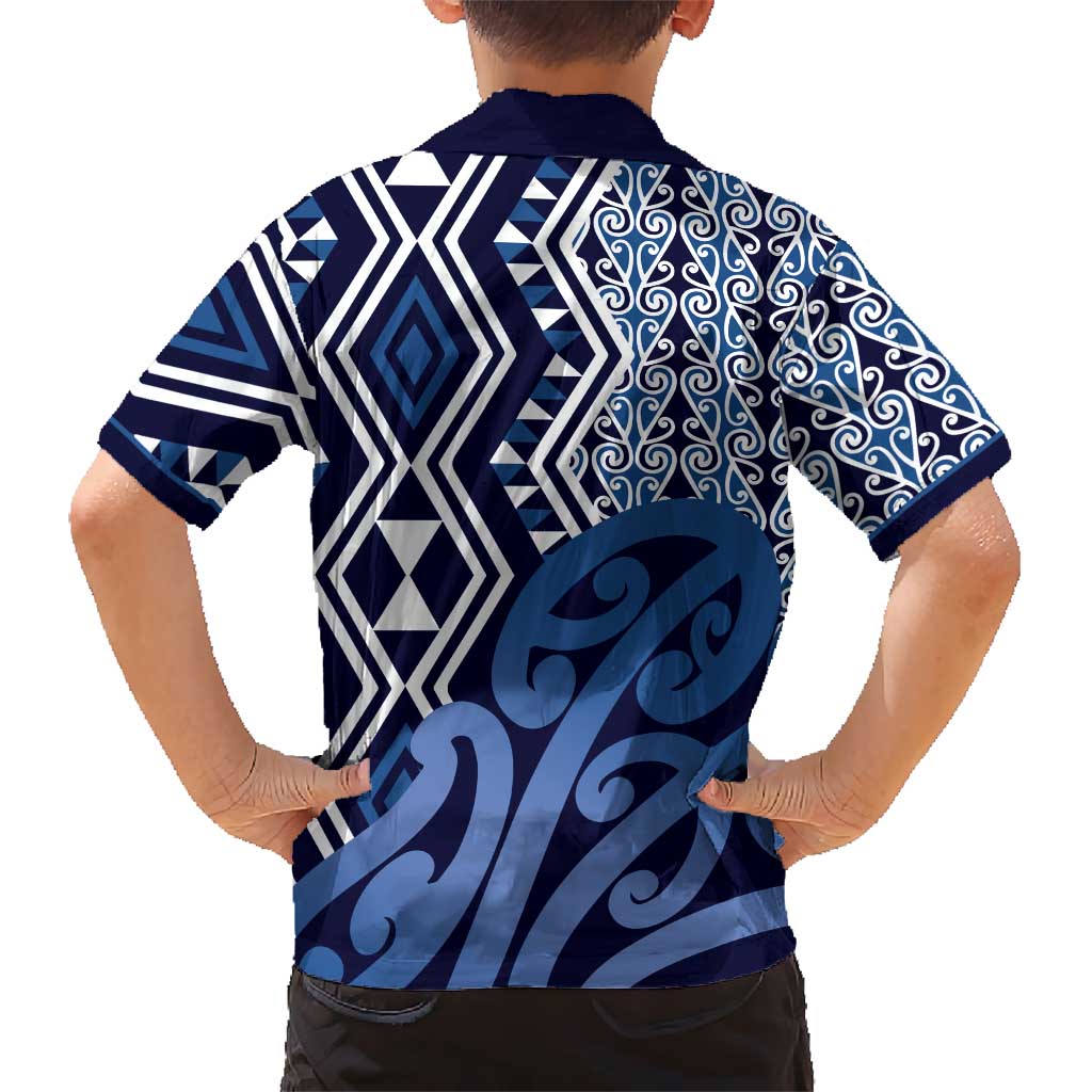 New Zealand Kid Hawaiian Shirt Aotearoa Kowhaiwhai Mix Taniko Art - Blue LT14 - Polynesian Pride