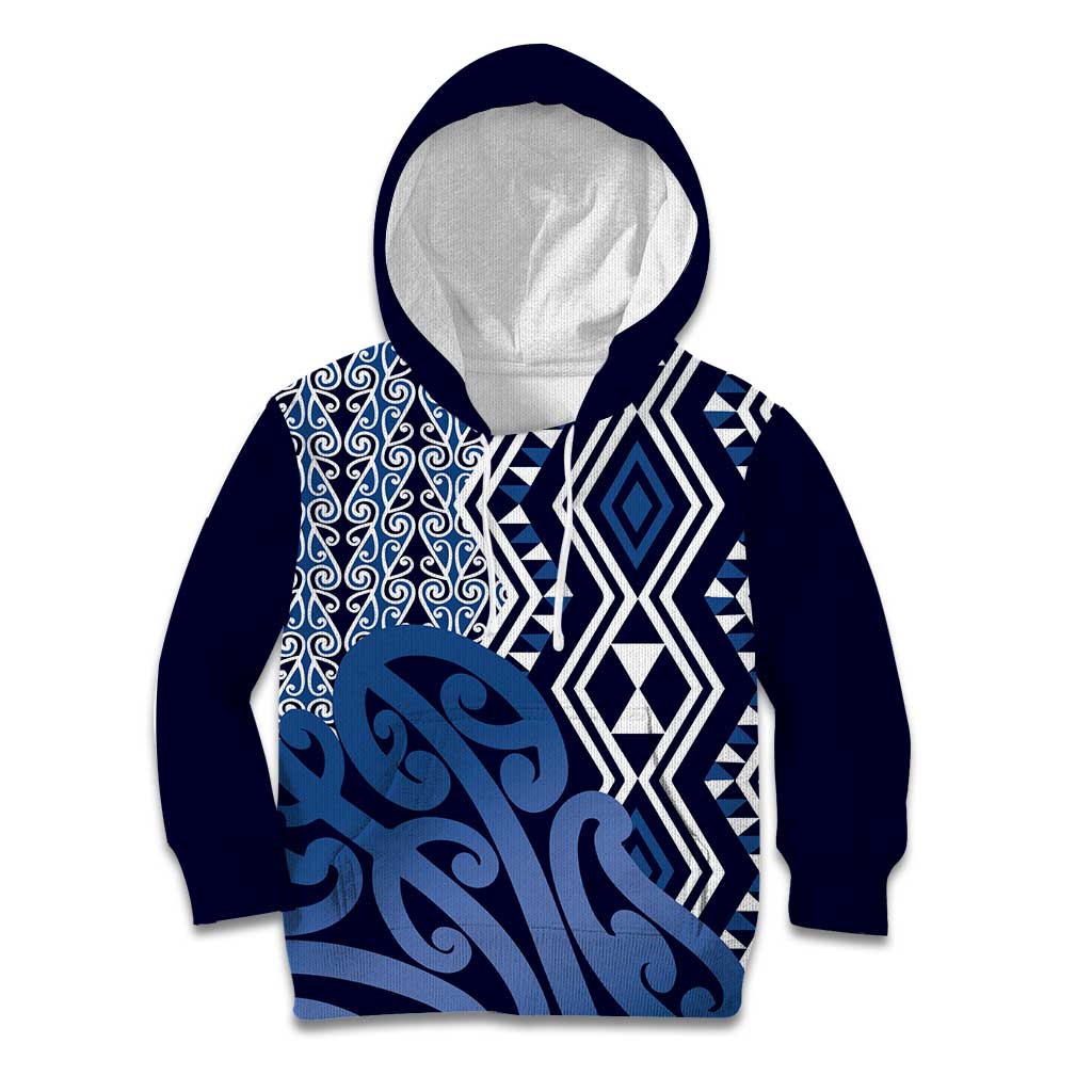 New Zealand Kid Hoodie Aotearoa Kowhaiwhai Mix Taniko Art - Blue LT14 Hoodie Blue - Polynesian Pride