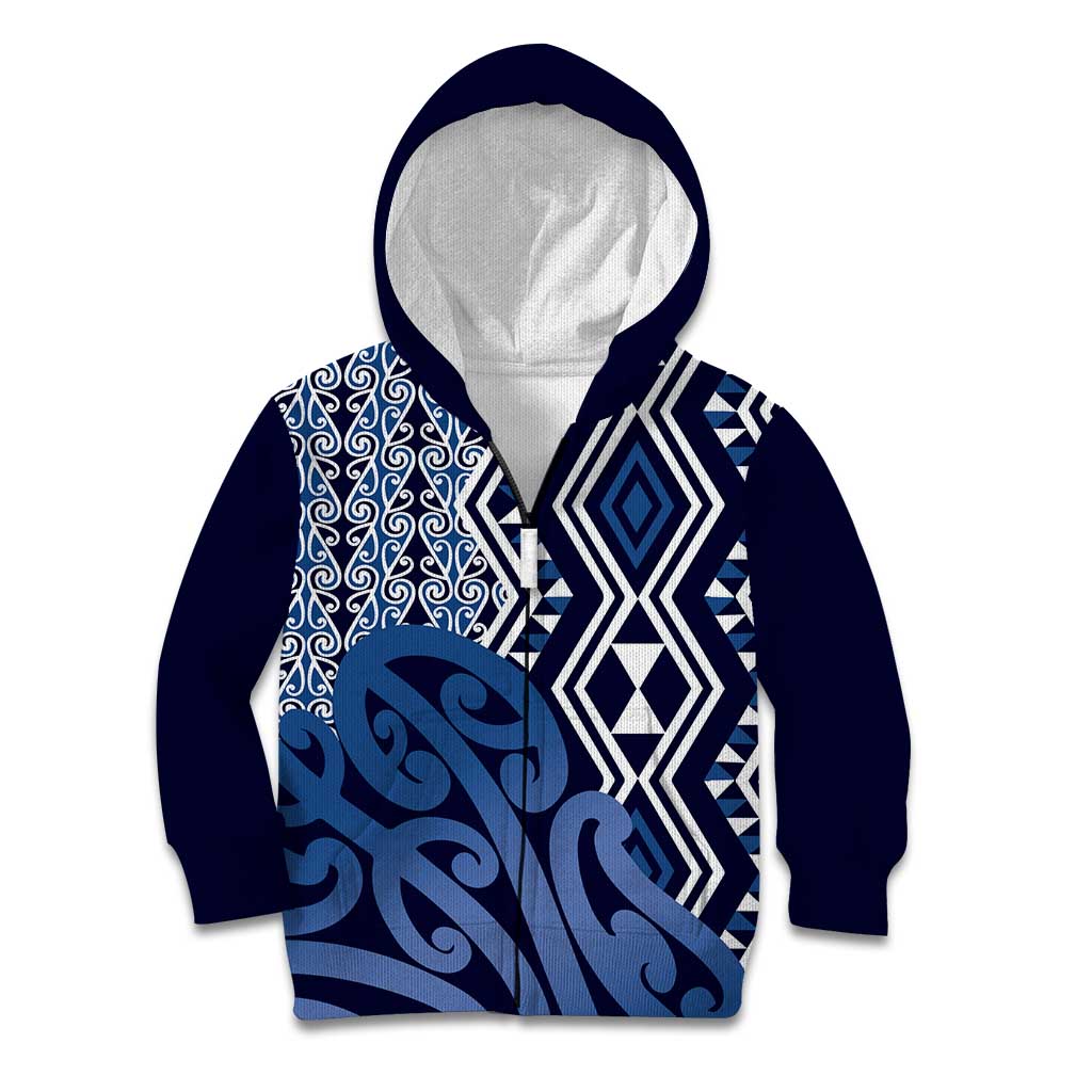 New Zealand Kid Hoodie Aotearoa Kowhaiwhai Mix Taniko Art - Blue LT14 Zip Hoodie Blue - Polynesian Pride