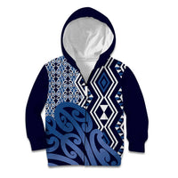 New Zealand Kid Hoodie Aotearoa Kowhaiwhai Mix Taniko Art - Blue LT14 Zip Hoodie Blue - Polynesian Pride