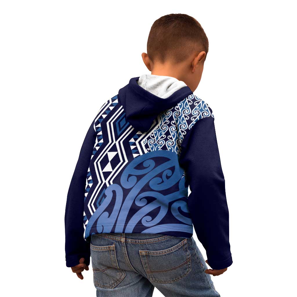 New Zealand Kid Hoodie Aotearoa Kowhaiwhai Mix Taniko Art - Blue LT14 - Polynesian Pride