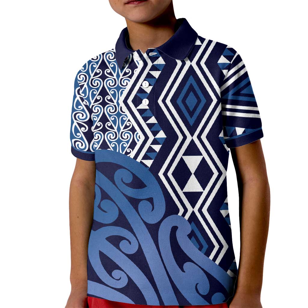 New Zealand Kid Polo Shirt Aotearoa Kowhaiwhai Mix Taniko Art - Blue LT14 Kid Blue - Polynesian Pride