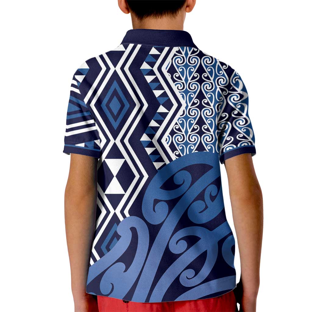 New Zealand Kid Polo Shirt Aotearoa Kowhaiwhai Mix Taniko Art - Blue LT14 - Polynesian Pride