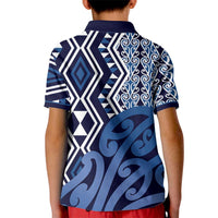 New Zealand Kid Polo Shirt Aotearoa Kowhaiwhai Mix Taniko Art - Blue LT14 - Polynesian Pride