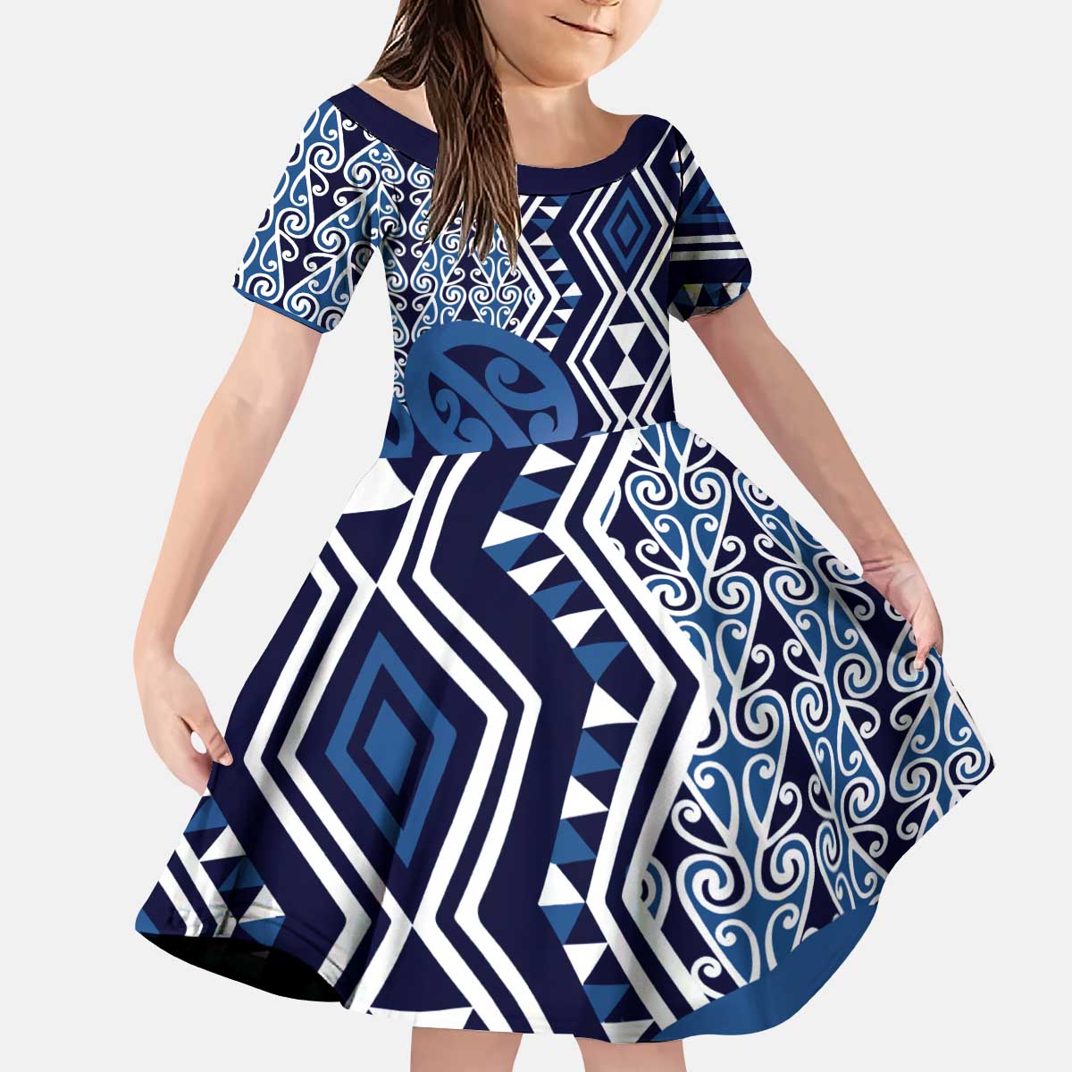 New Zealand Kid Short Sleeve Dress Aotearoa Kowhaiwhai Mix Taniko Art - Blue LT14 KID Blue - Polynesian Pride