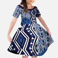 New Zealand Kid Short Sleeve Dress Aotearoa Kowhaiwhai Mix Taniko Art - Blue LT14 KID Blue - Polynesian Pride