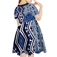 New Zealand Kid Short Sleeve Dress Aotearoa Kowhaiwhai Mix Taniko Art - Blue LT14 - Polynesian Pride