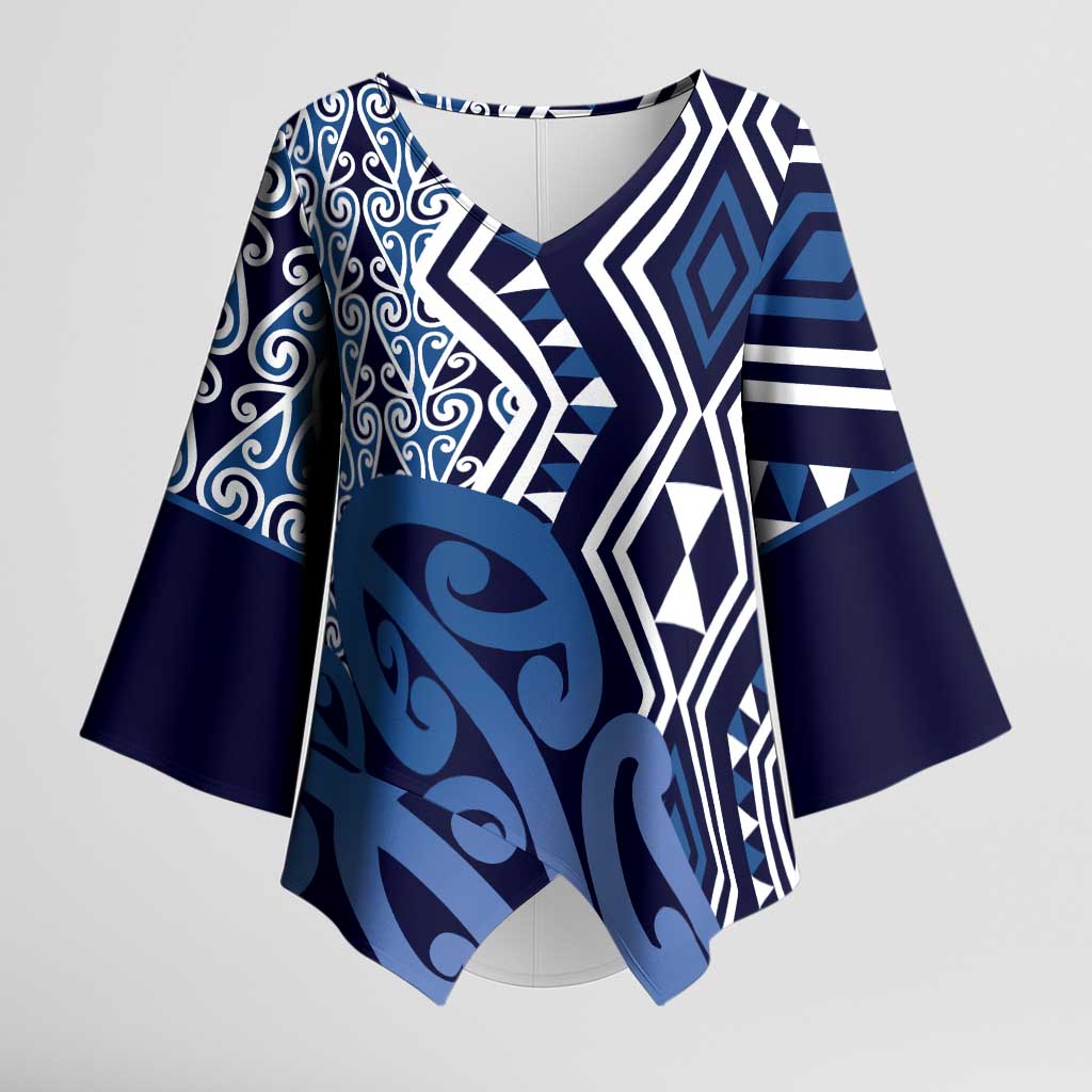 New Zealand Kimono Sleeve Blouse Aotearoa Kowhaiwhai Mix Taniko Art - Blue LT14 Female Blue - Polynesian Pride
