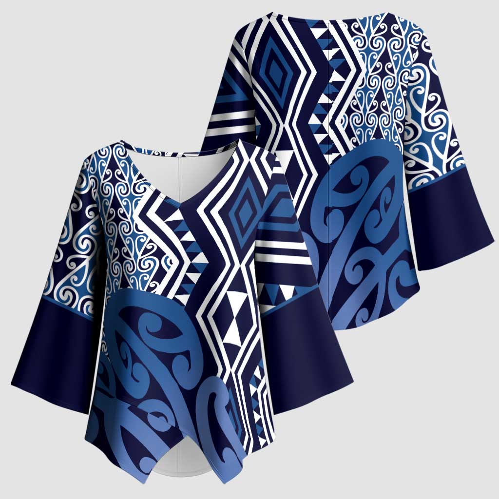 New Zealand Kimono Sleeve Blouse Aotearoa Kowhaiwhai Mix Taniko Art - Blue LT14 - Polynesian Pride