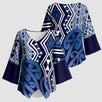 New Zealand Kimono Sleeve Blouse Aotearoa Kowhaiwhai Mix Taniko Art - Blue LT14 - Polynesian Pride