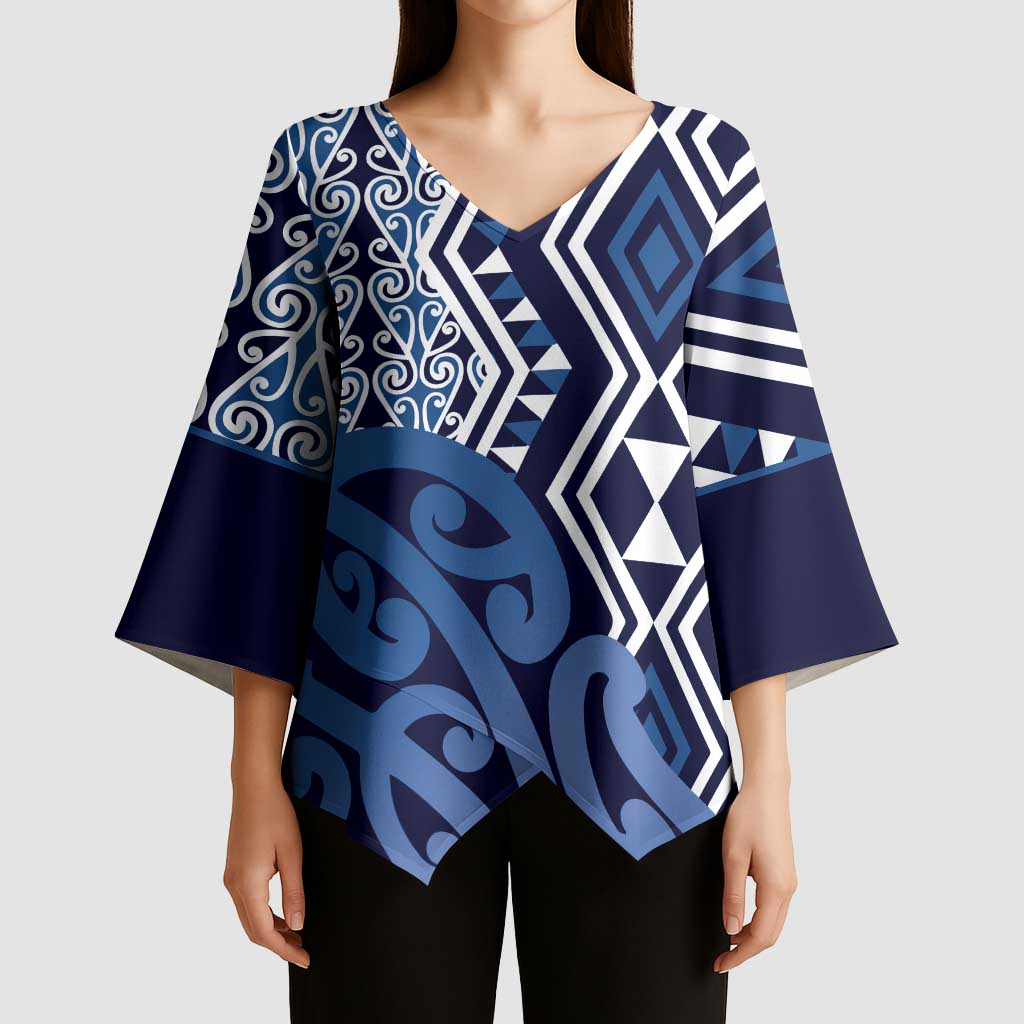 New Zealand Kimono Sleeve Blouse Aotearoa Kowhaiwhai Mix Taniko Art - Blue LT14 - Polynesian Pride
