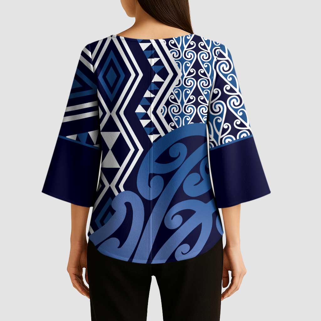 New Zealand Kimono Sleeve Blouse Aotearoa Kowhaiwhai Mix Taniko Art - Blue LT14 - Polynesian Pride