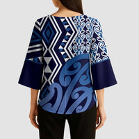 New Zealand Kimono Sleeve Blouse Aotearoa Kowhaiwhai Mix Taniko Art - Blue LT14 - Polynesian Pride