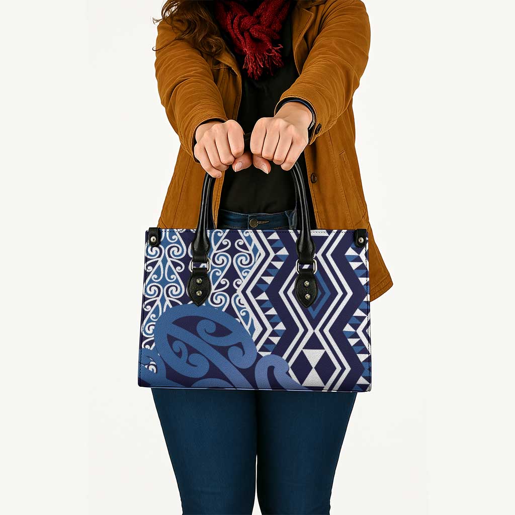 New Zealand Leather Bag Aotearoa Kowhaiwhai Mix Taniko Art - Blue - Polynesian Pride