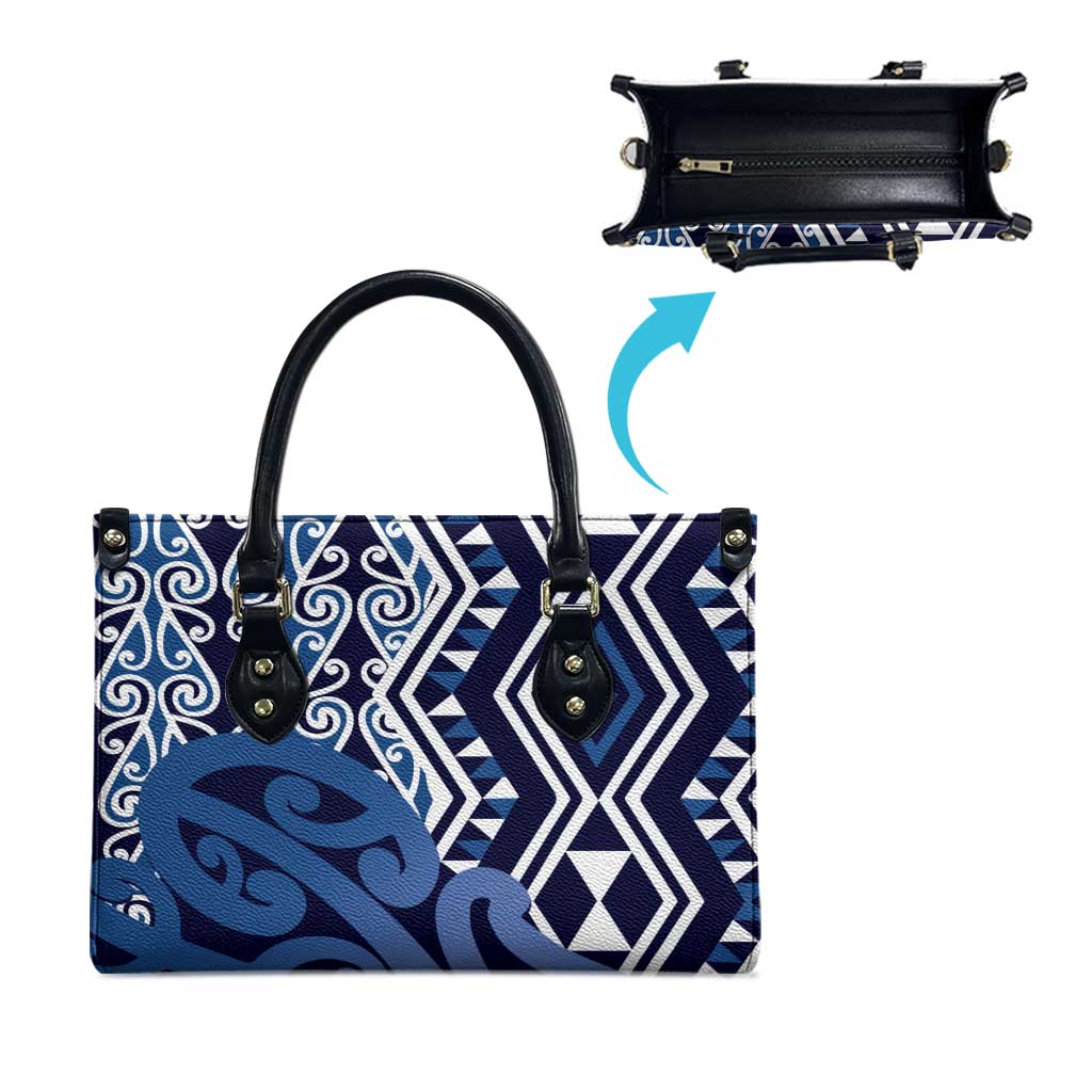 New Zealand Leather Bag Aotearoa Kowhaiwhai Mix Taniko Art - Blue - Polynesian Pride