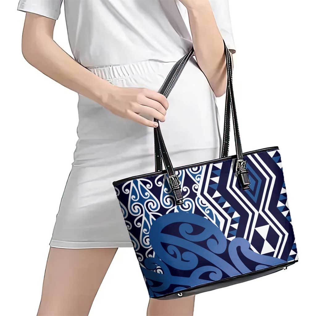 New Zealand Leather Tote Bag Aotearoa Kowhaiwhai Mix Taniko Art - Blue LT14 - Polynesian Pride