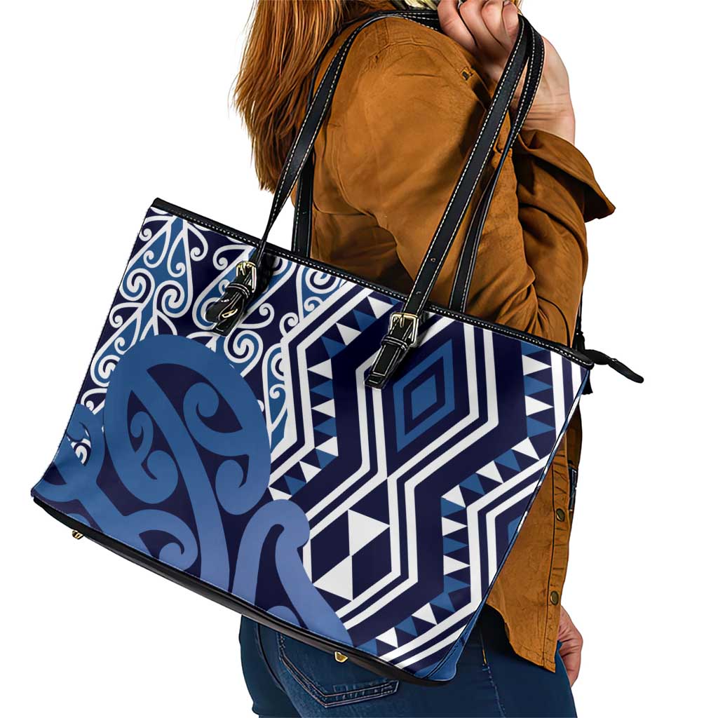 New Zealand Leather Tote Bag Aotearoa Kowhaiwhai Mix Taniko Art - Blue LT14 - Polynesian Pride